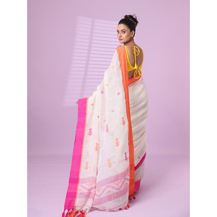 CHARUKRITI Off White Linen Saree Ganga Jamuna Border with Unstitched Blouse