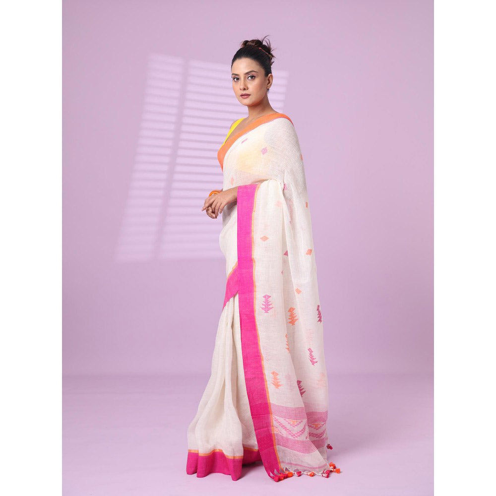 CHARUKRITI Off White Linen Saree Ganga Jamuna Border with Unstitched Blouse