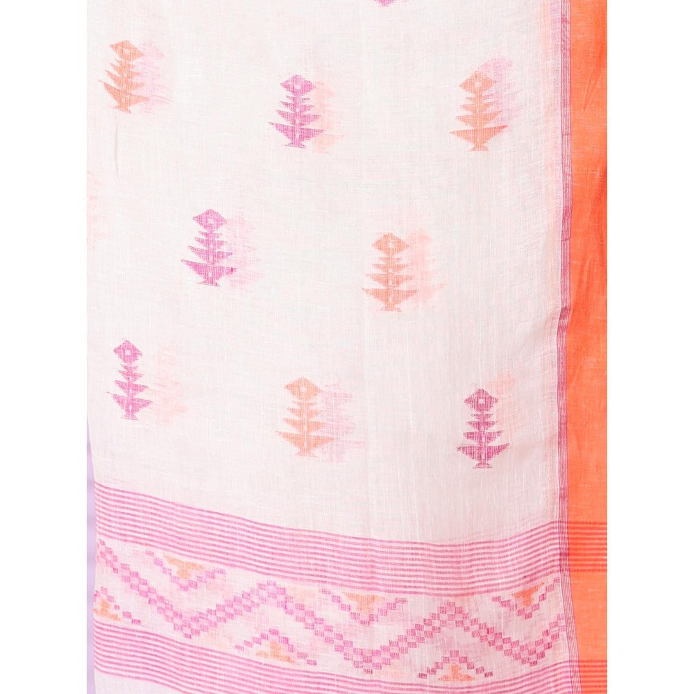 CHARUKRITI Off White Linen Saree Ganga Jamuna Border with Unstitched Blouse