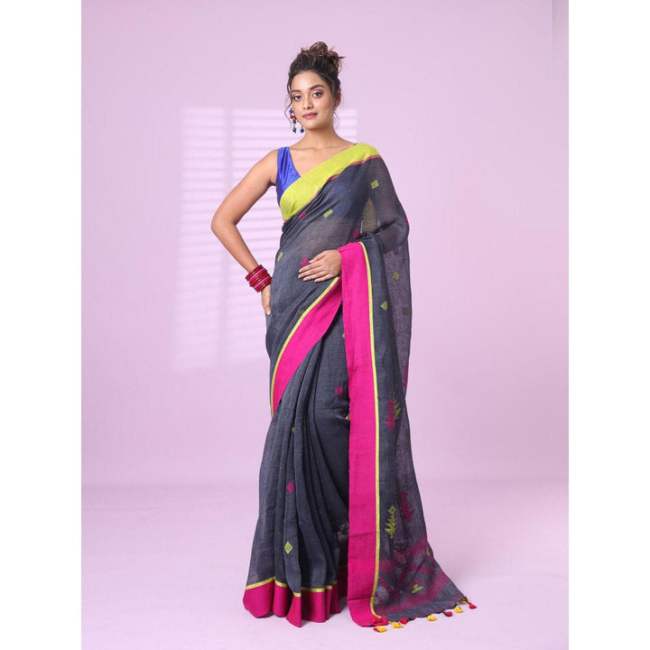 CHARUKRITI Dark Grey Linen Saree Ganga Jamuna Border with Unstitched Blouse