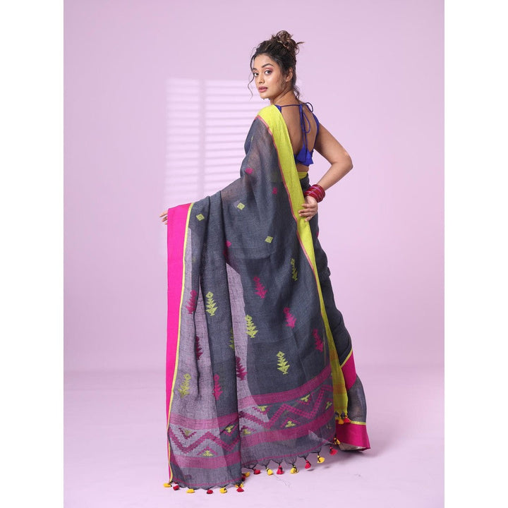 CHARUKRITI Dark Grey Linen Saree Ganga Jamuna Border with Unstitched Blouse