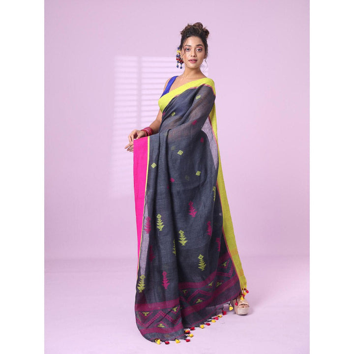 CHARUKRITI Dark Grey Linen Saree Ganga Jamuna Border with Unstitched Blouse