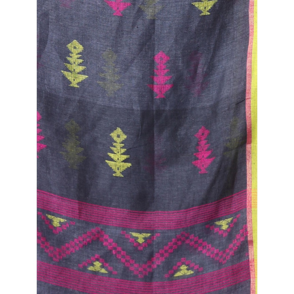 CHARUKRITI Dark Grey Linen Saree Ganga Jamuna Border with Unstitched Blouse