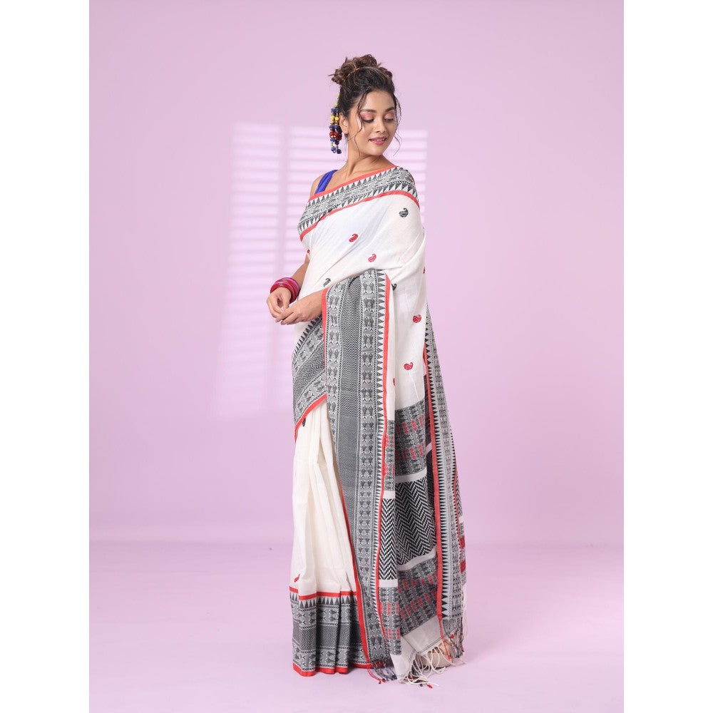 CHARUKRITI White Cotton Handspun Soft Saree Paisley Motifs with Unstitched Blouse