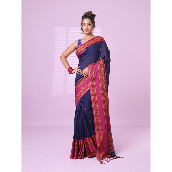 CHARUKRITI Navy Blue Cotton Handspun Soft Saree Paisley Motifs with Unstitched Blouse