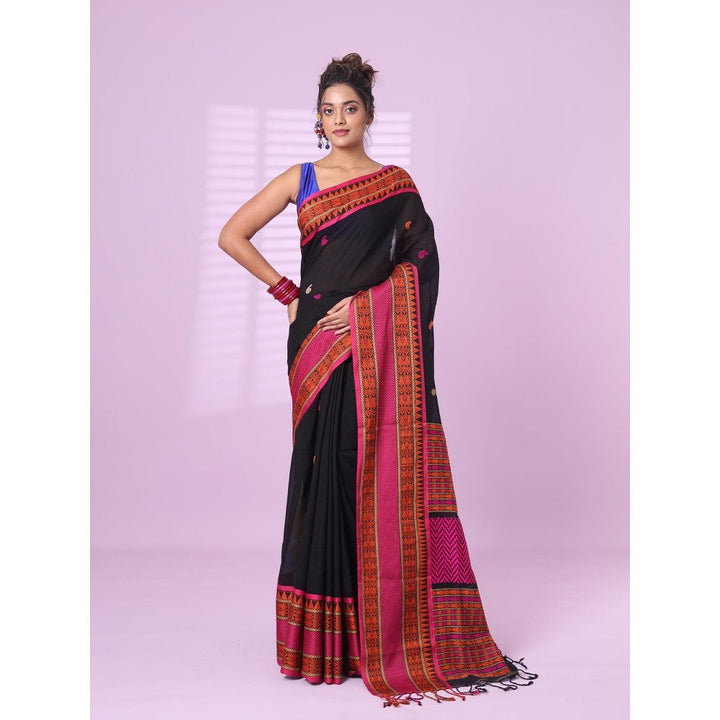 CHARUKRITI Black Cotton Handspun Soft Saree Paisley Motifs with Unstitched Blouse