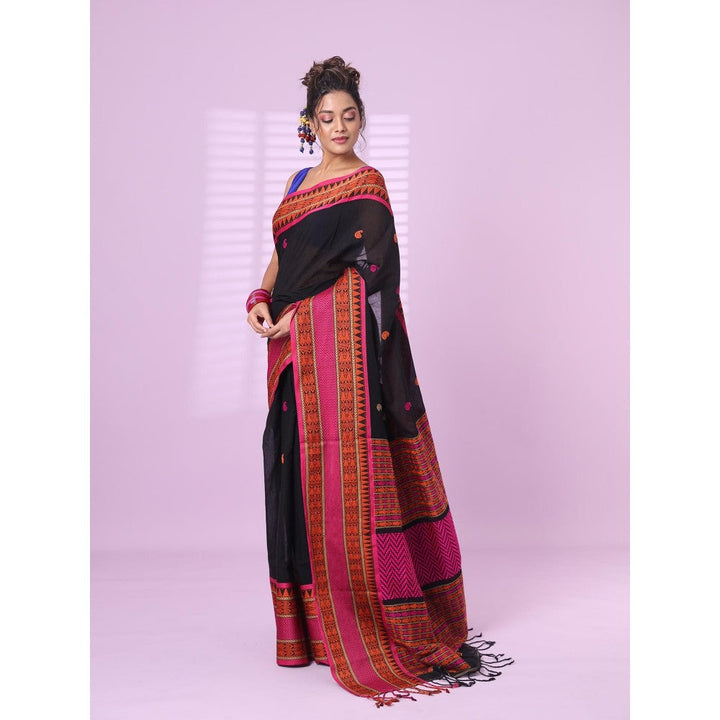 CHARUKRITI Black Cotton Handspun Soft Saree Paisley Motifs with Unstitched Blouse