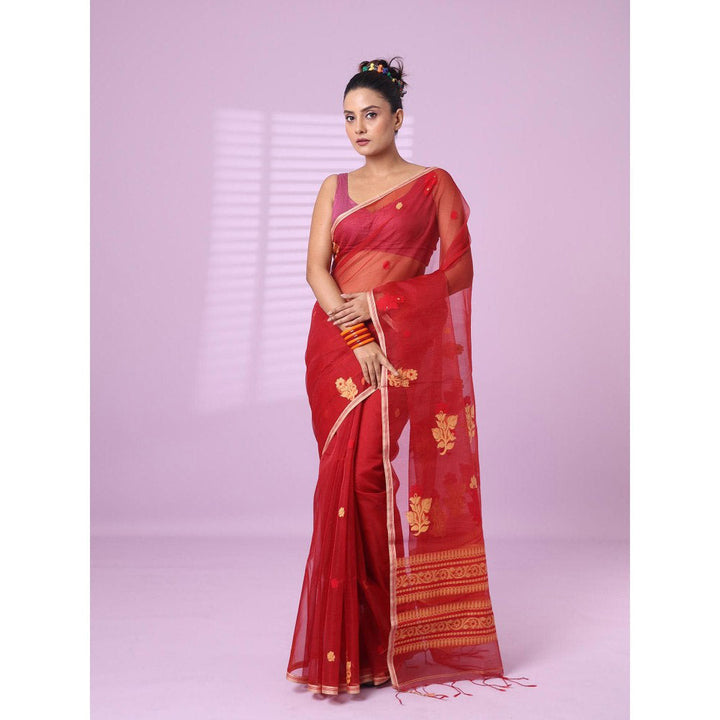 CHARUKRITI Dark Red Muslin Saree Floral Designs with Unstitched Blouse