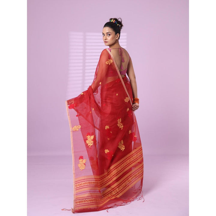 CHARUKRITI Dark Red Muslin Saree Floral Designs with Unstitched Blouse