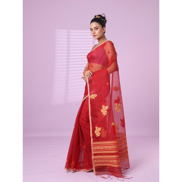 CHARUKRITI Dark Red Muslin Saree Floral Designs with Unstitched Blouse