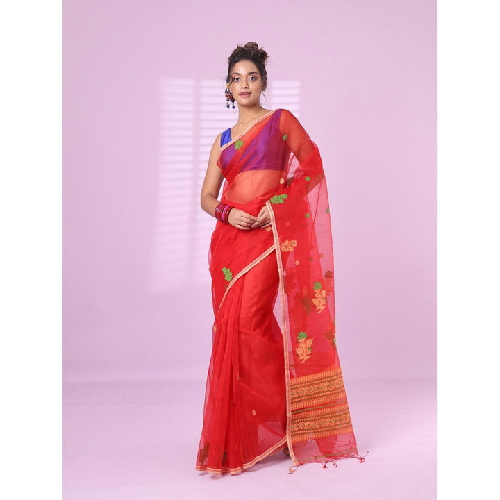 CHARUKRITI Red Muslin Saree Floral Designs with Unstitched Blouse