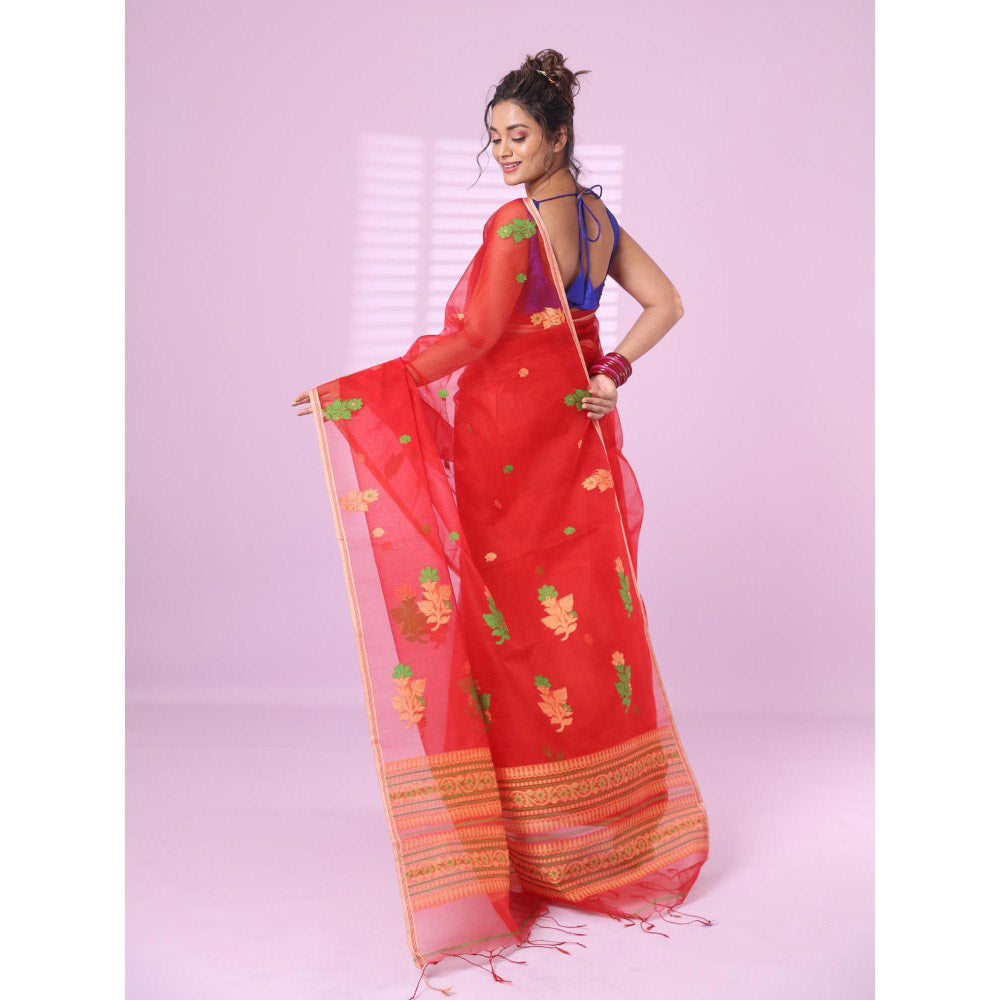 CHARUKRITI Red Muslin Saree Floral Designs with Unstitched Blouse