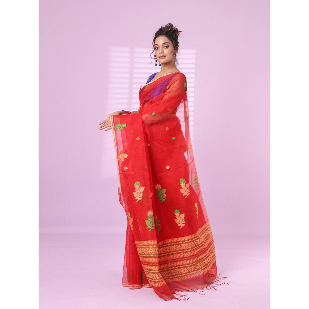 CHARUKRITI Red Muslin Saree Floral Designs with Unstitched Blouse