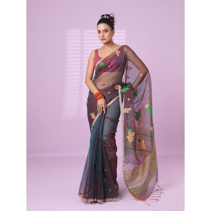 CHARUKRITI Green Muslin Duel-Tone Saree Floral Designs with Unstitched Blouse