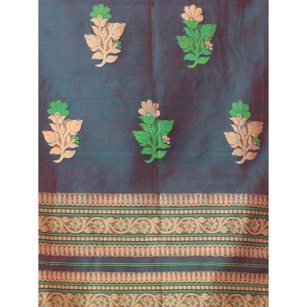 CHARUKRITI Green Muslin Duel-Tone Saree Floral Designs with Unstitched Blouse