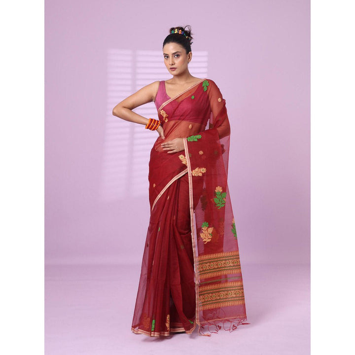 CHARUKRITI Maroon Muslin Saree Floral Designs with Unstitched Blouse