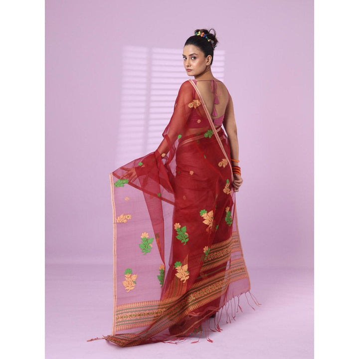 CHARUKRITI Maroon Muslin Saree Floral Designs with Unstitched Blouse