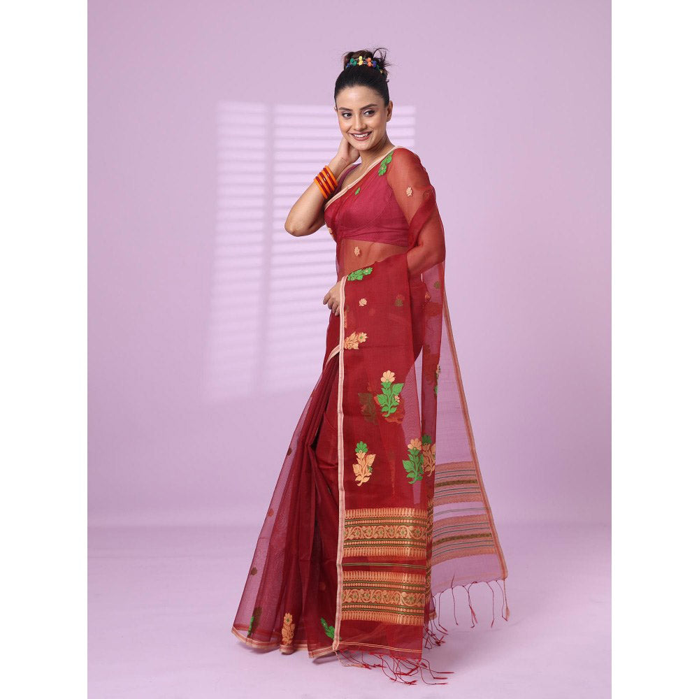 CHARUKRITI Maroon Muslin Saree Floral Designs with Unstitched Blouse