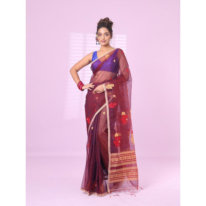 CHARUKRITI Maroon Muslin Saree Floral Designs with Unstitched Blouse