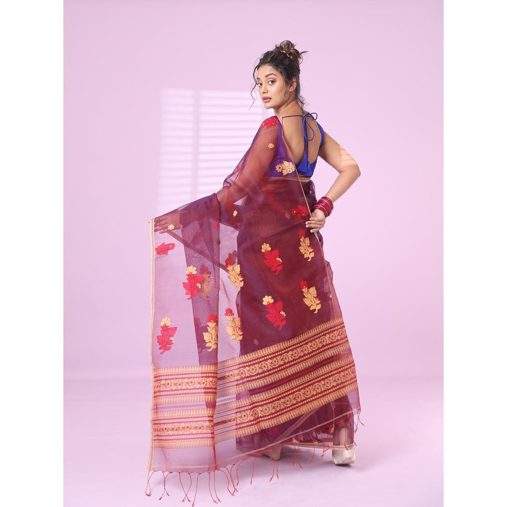 CHARUKRITI Maroon Muslin Saree Floral Designs with Unstitched Blouse