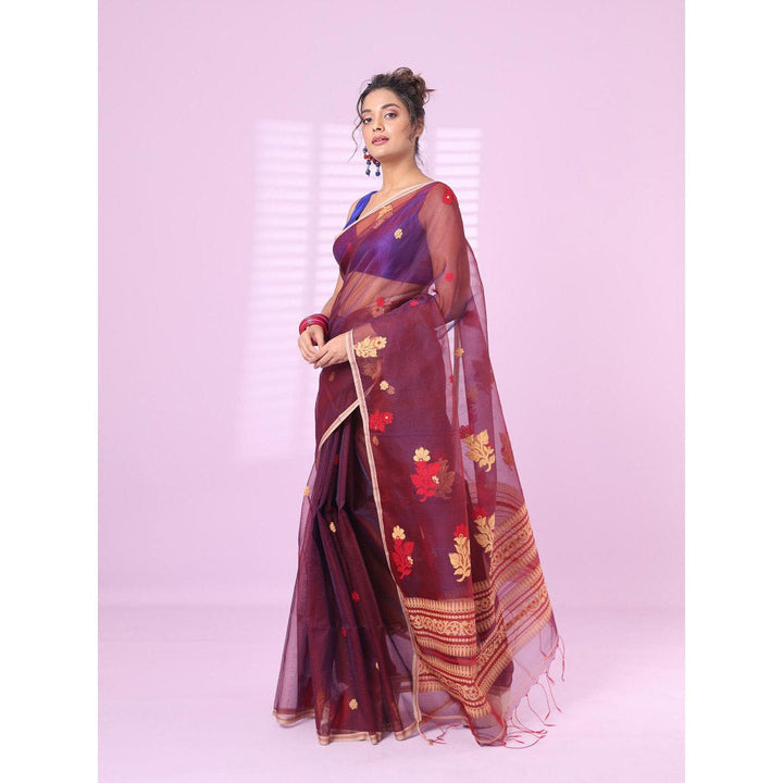 CHARUKRITI Maroon Muslin Saree Floral Designs with Unstitched Blouse