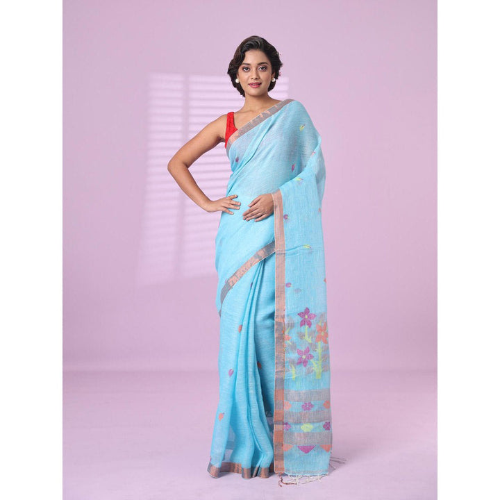 CHARUKRITI Sky Blue Foliage Motifs Linen Saree Zari Border with Unstitched Blouse