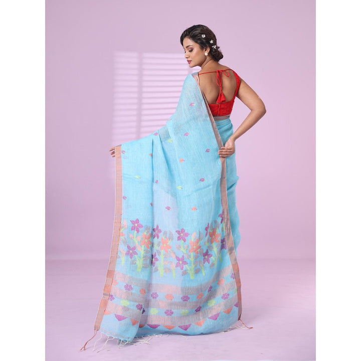 CHARUKRITI Sky Blue Foliage Motifs Linen Saree Zari Border with Unstitched Blouse