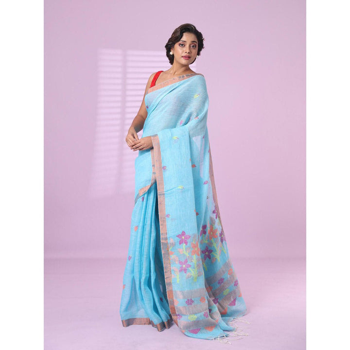 CHARUKRITI Sky Blue Foliage Motifs Linen Saree Zari Border with Unstitched Blouse