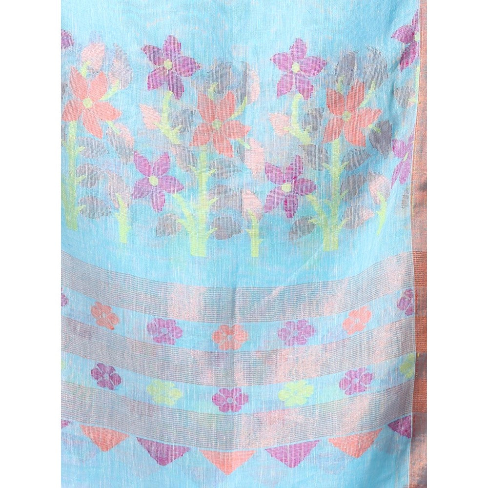 CHARUKRITI Sky Blue Foliage Motifs Linen Saree Zari Border with Unstitched Blouse