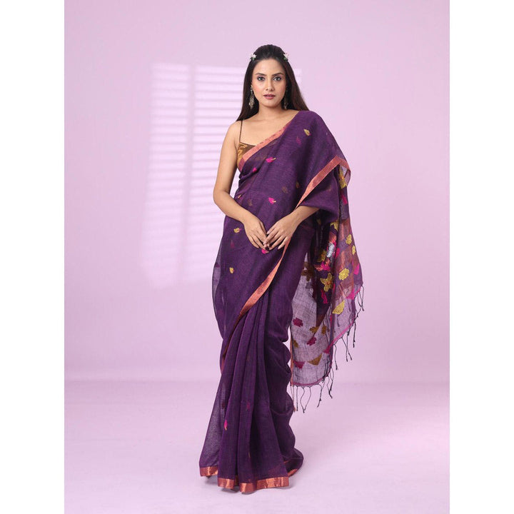 CHARUKRITI Purple Foliage Motifs Linen Saree Zari Border with Unstitched Blouse