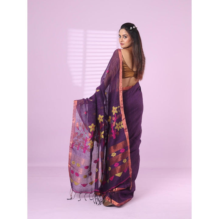 CHARUKRITI Purple Foliage Motifs Linen Saree Zari Border with Unstitched Blouse