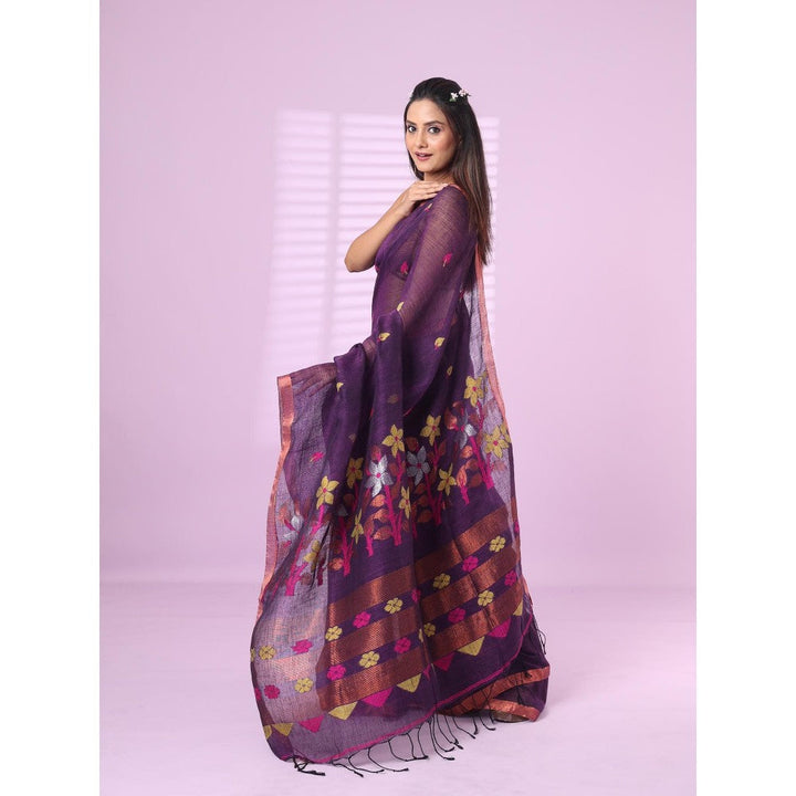 CHARUKRITI Purple Foliage Motifs Linen Saree Zari Border with Unstitched Blouse