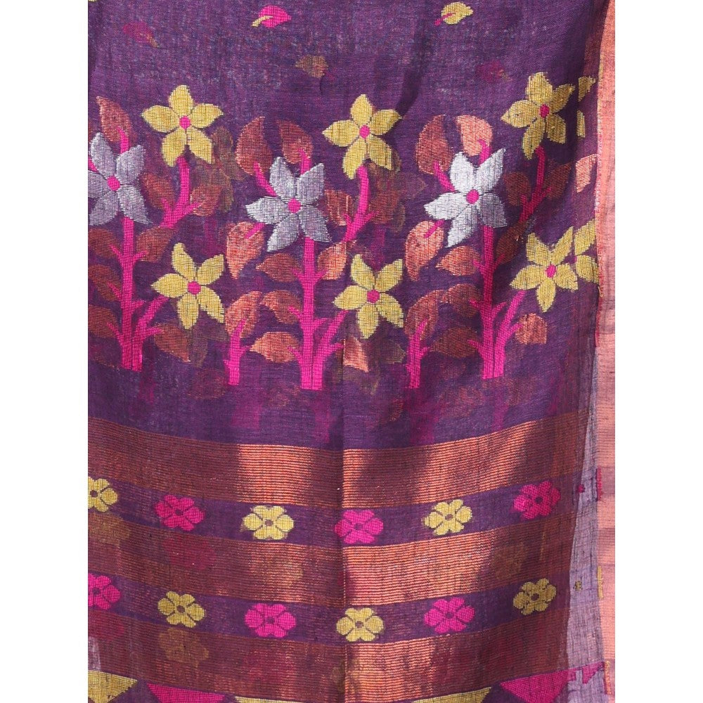 CHARUKRITI Purple Foliage Motifs Linen Saree Zari Border with Unstitched Blouse