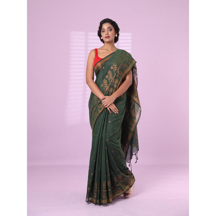 CHARUKRITI Green Cotton Handspun Soft Saree Zari Woven with Unstitched Blouse