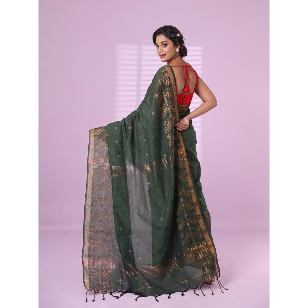 CHARUKRITI Green Cotton Handspun Soft Saree Zari Woven with Unstitched Blouse