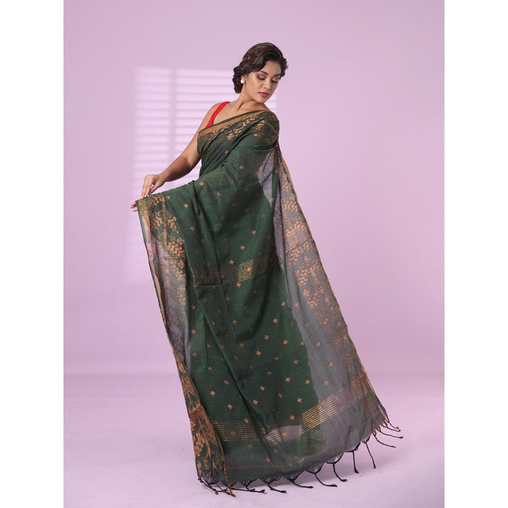 CHARUKRITI Green Cotton Handspun Soft Saree Zari Woven with Unstitched Blouse