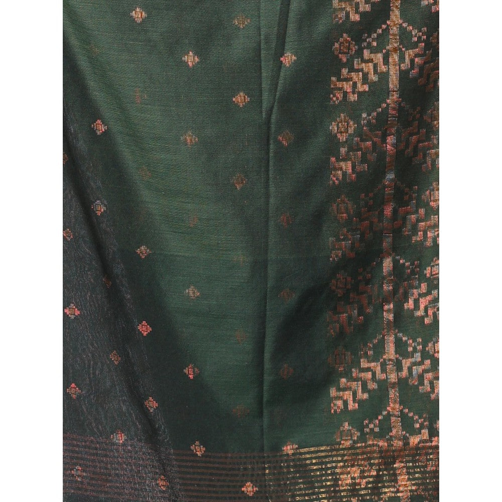 CHARUKRITI Green Cotton Handspun Soft Saree Zari Woven with Unstitched Blouse