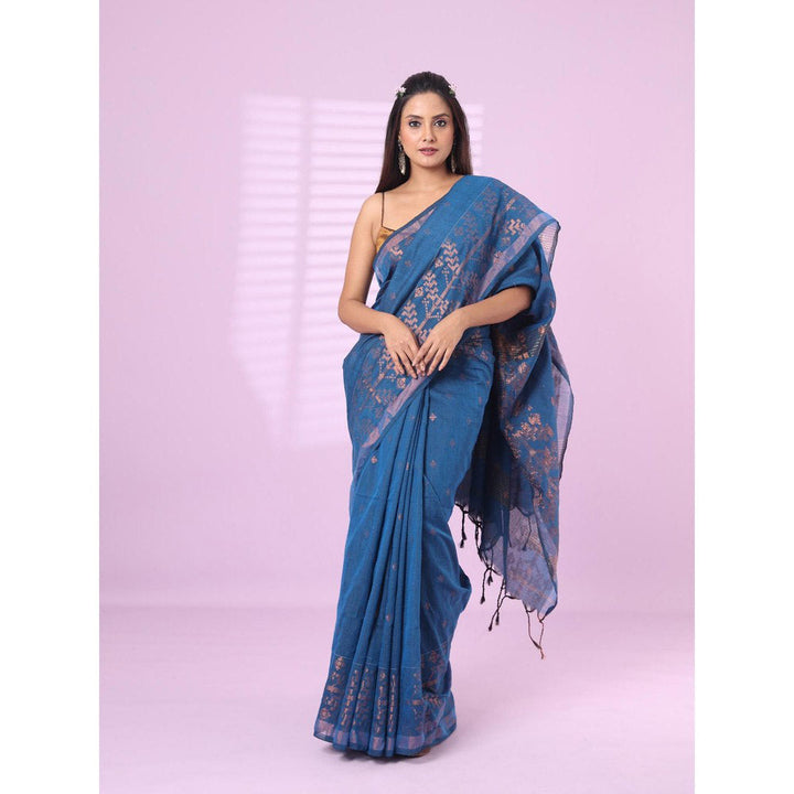 CHARUKRITI Sapphire Blue Cotton Handspun Soft Saree Zari Woven with Unstitched Blouse