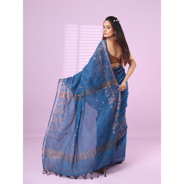 CHARUKRITI Sapphire Blue Cotton Handspun Soft Saree Zari Woven with Unstitched Blouse