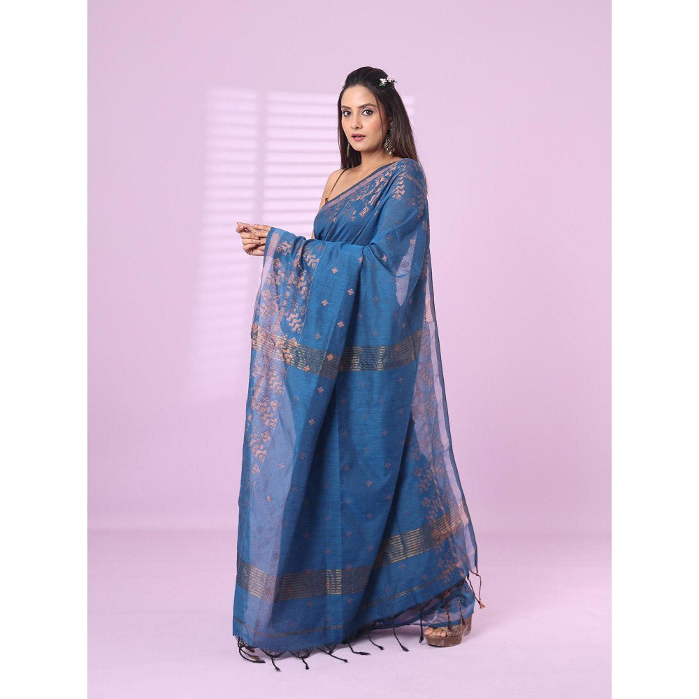 CHARUKRITI Sapphire Blue Cotton Handspun Soft Saree Zari Woven with Unstitched Blouse