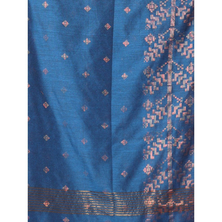 CHARUKRITI Sapphire Blue Cotton Handspun Soft Saree Zari Woven with Unstitched Blouse