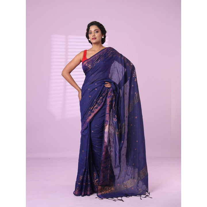 CHARUKRITI Blue Cotton Handspun Soft Saree Zari Woven with Unstitched Blouse