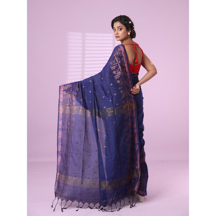 CHARUKRITI Blue Cotton Handspun Soft Saree Zari Woven with Unstitched Blouse