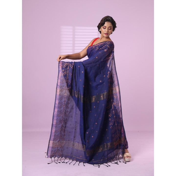 CHARUKRITI Blue Cotton Handspun Soft Saree Zari Woven with Unstitched Blouse