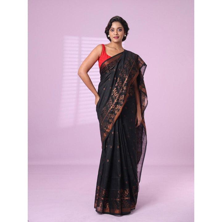 CHARUKRITI Black Cotton Handspun Soft Saree Zari Woven with Unstitched Blouse