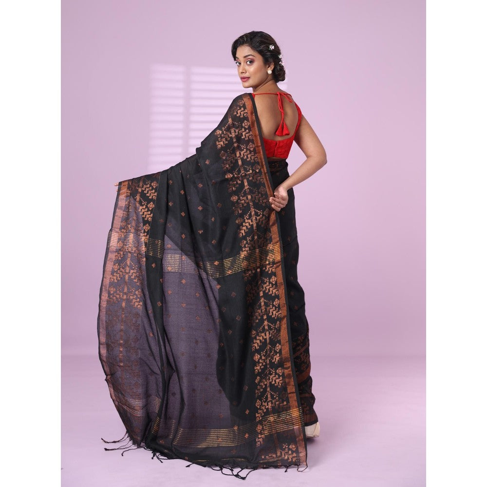 CHARUKRITI Black Cotton Handspun Soft Saree Zari Woven with Unstitched Blouse