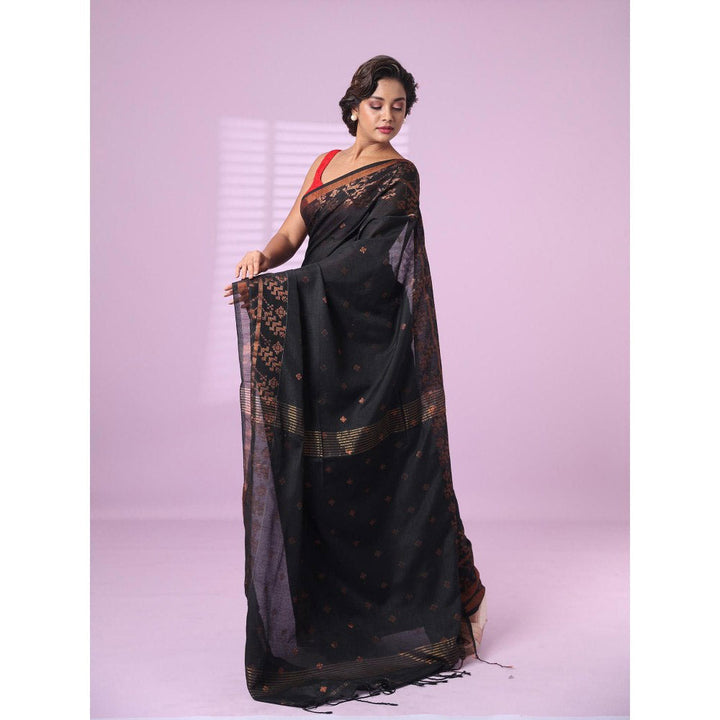 CHARUKRITI Black Cotton Handspun Soft Saree Zari Woven with Unstitched Blouse