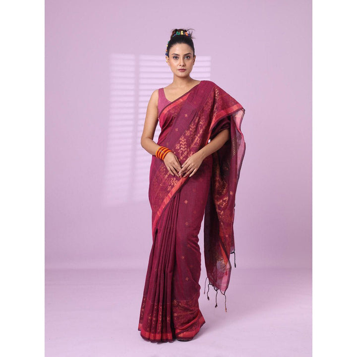 CHARUKRITI Magenta Cotton Handspun Soft Saree Zari Woven with Unstitched Blouse