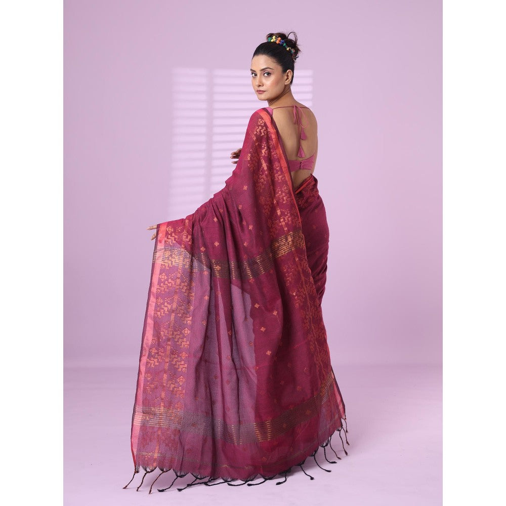 CHARUKRITI Magenta Cotton Handspun Soft Saree Zari Woven with Unstitched Blouse