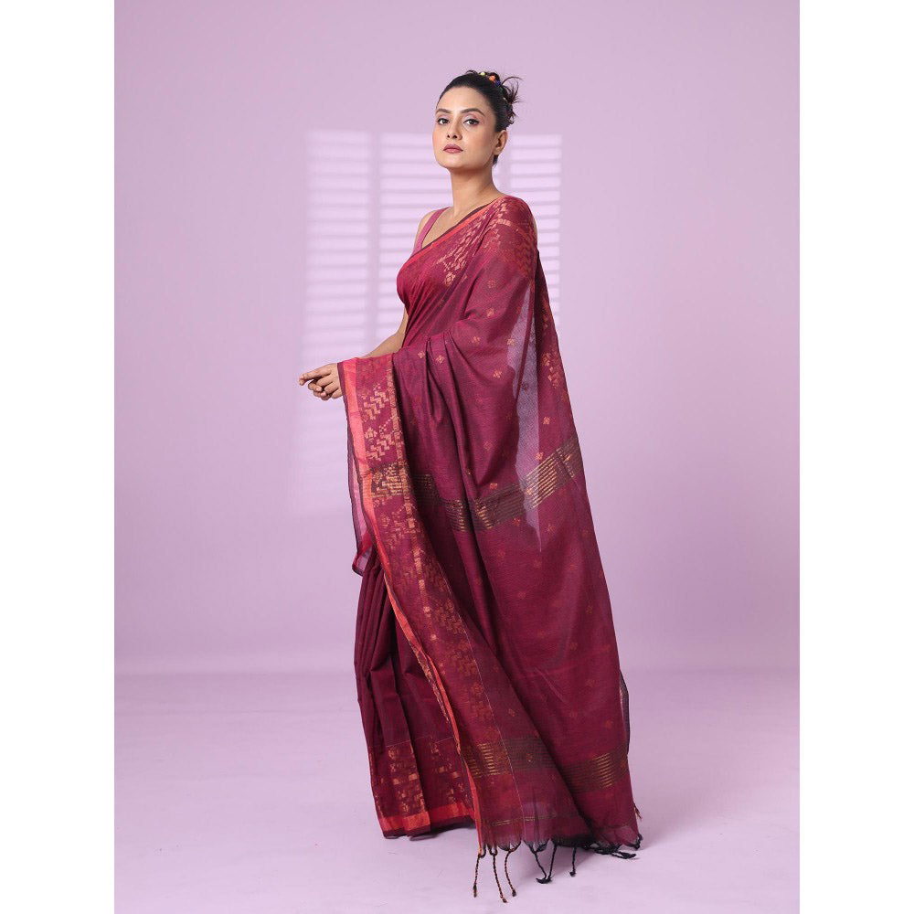 CHARUKRITI Magenta Cotton Handspun Soft Saree Zari Woven with Unstitched Blouse